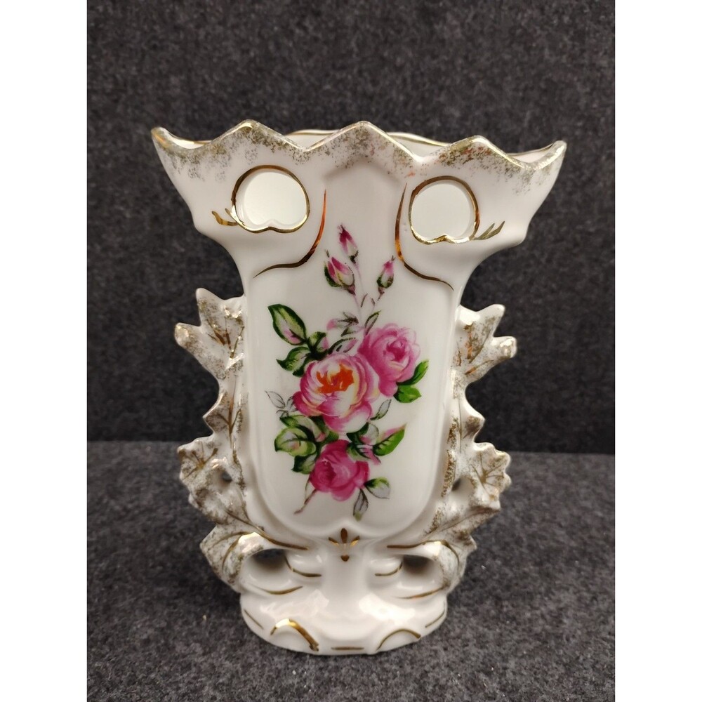 Vintage Arnart Creations Japan White Porcelain Pink Roses Baroque Rococo Vase